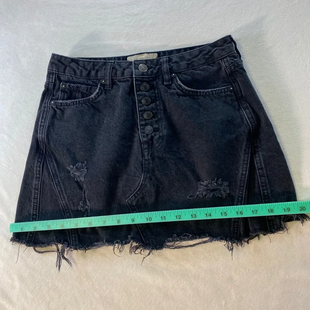 We The Free Denim Mini Skirt Sz 27 A Line Grunge Distressed Hem Black Button Fly